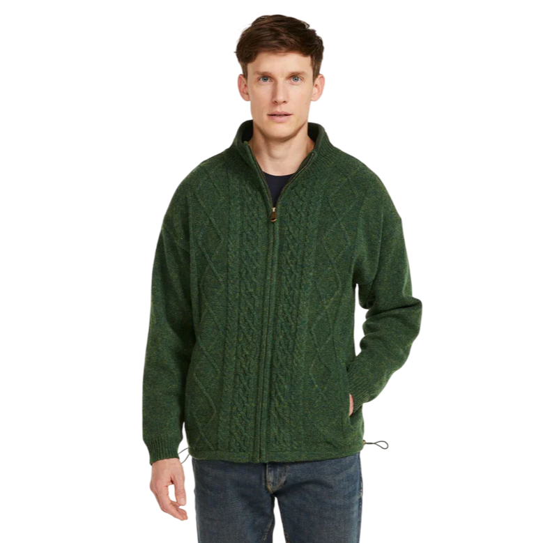 Men's Lined Shetland Wool Zipper Green Cardigan