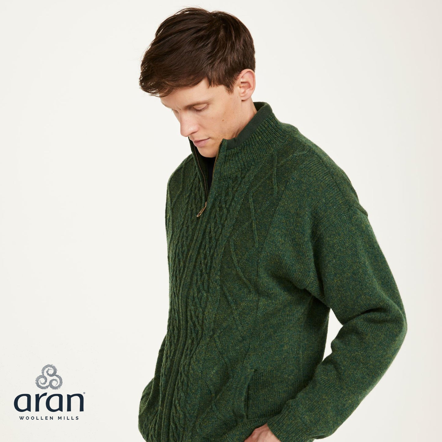 Men's Lined Shetland Wool Zipper Green Cardigan