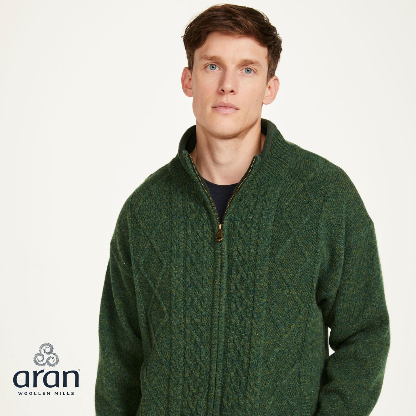 Men's Lined Shetland Wool Zipper Green Cardigan