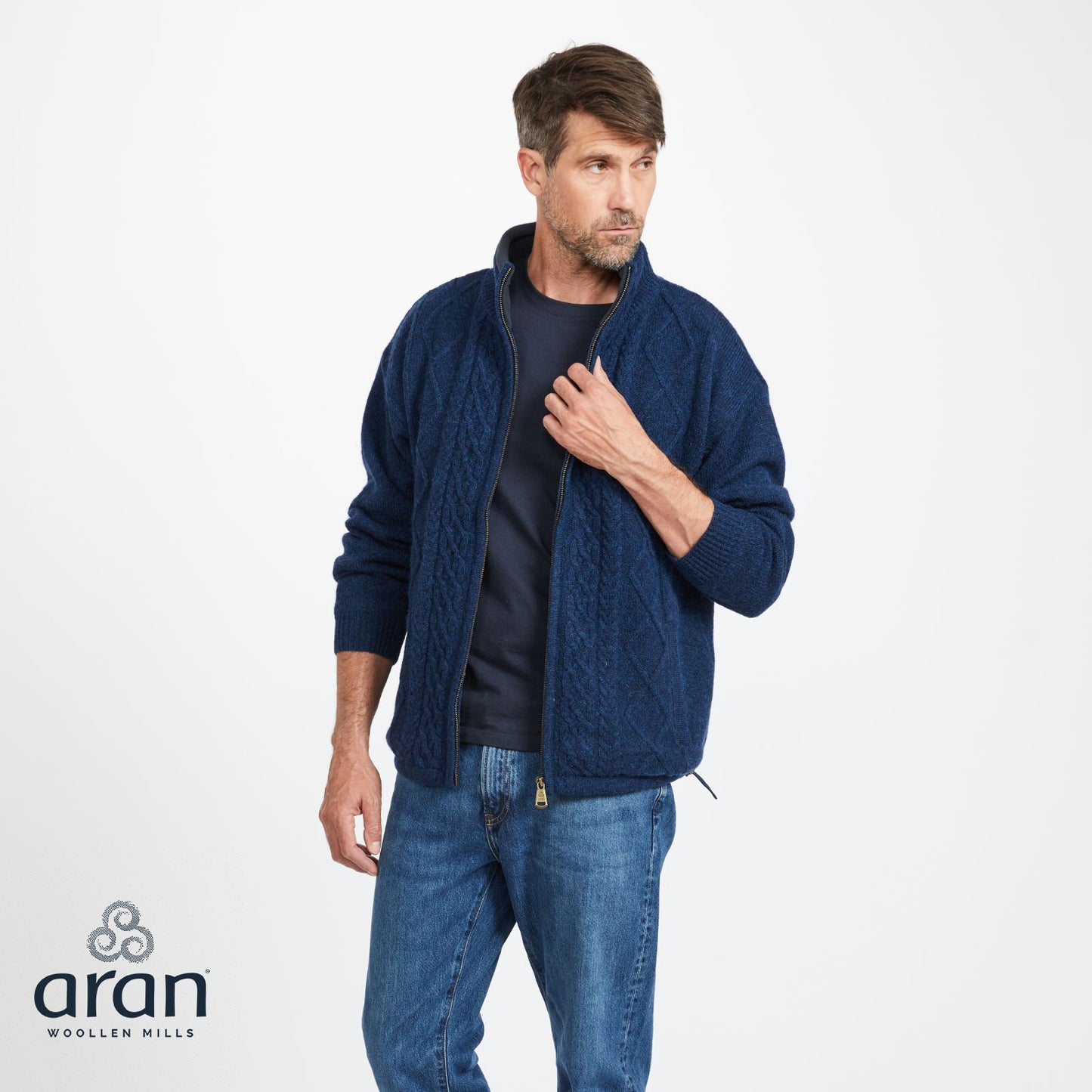 Men's Lined Shetland Wool Zipper Navy Cardigan
