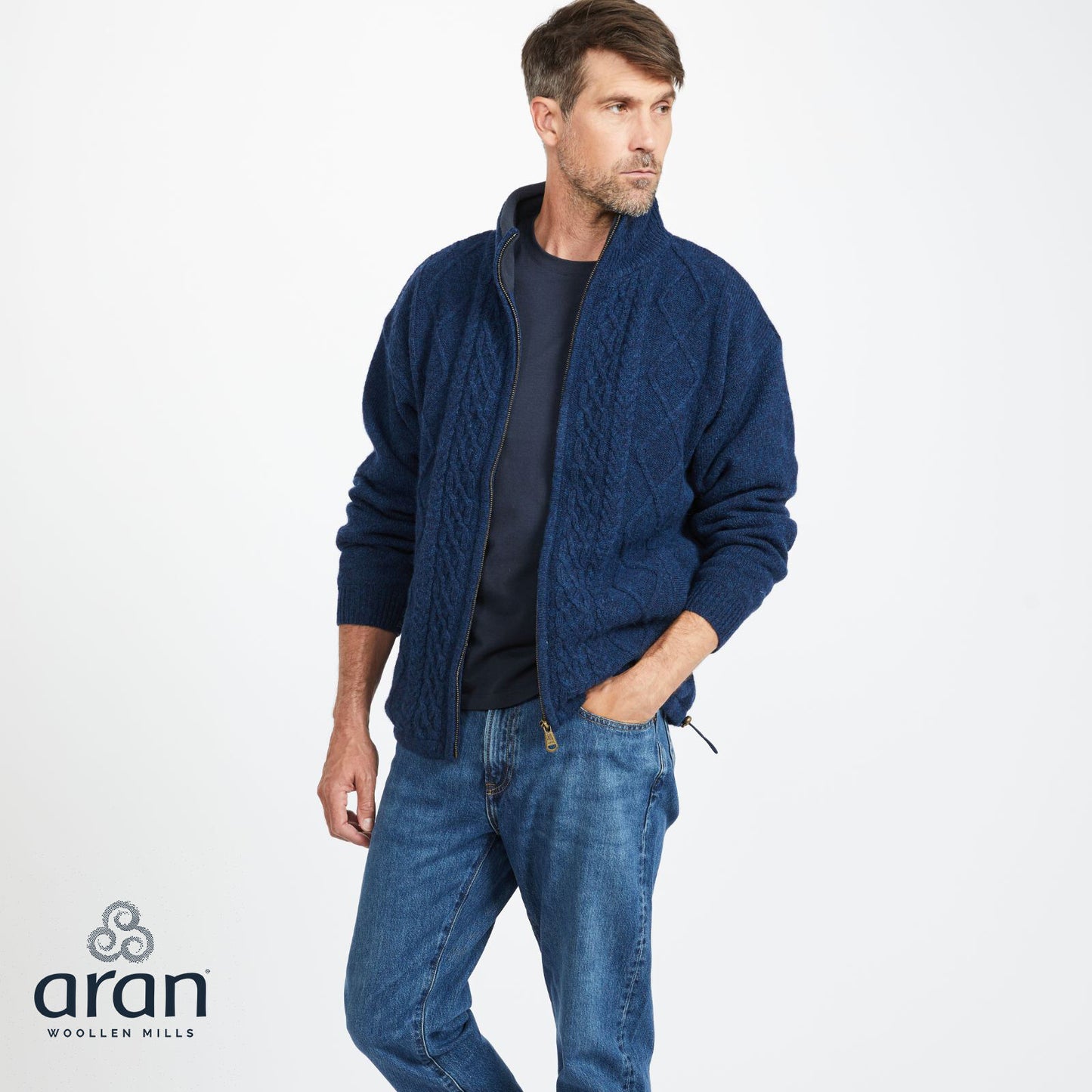 Men's Lined Shetland Wool Zipper Navy Cardigan