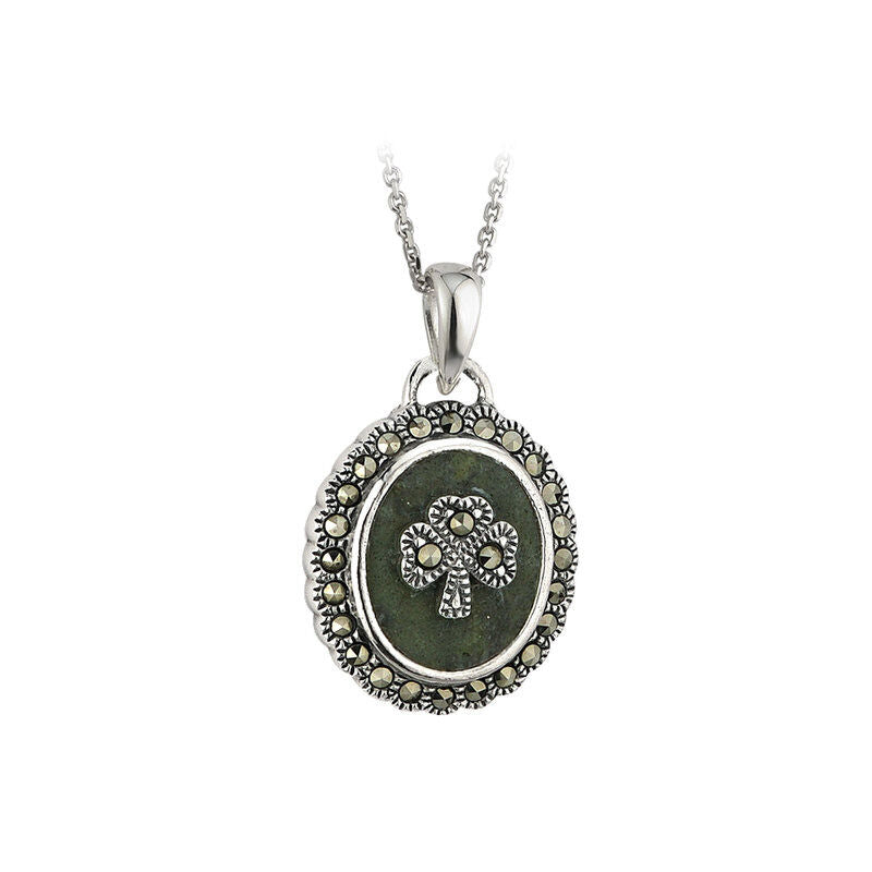 Hallmarked Sterling Silver Marcasite Shamrock Connemara Marble Necklace