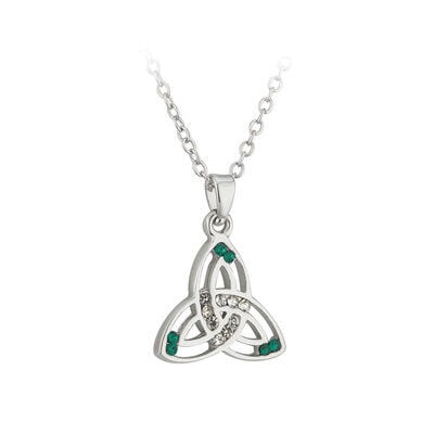 Silver Plated Trinity Knot Necklace With Green & White Crystals