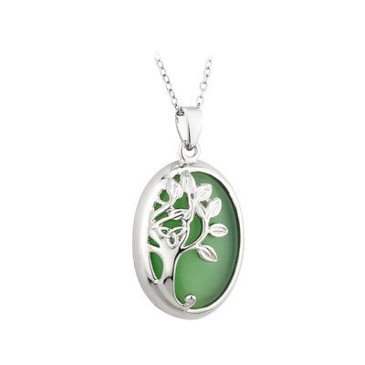 Rhodium Plated Tree Of Life Necklace With Cats Eye Shaped Leaves Rhodium Crystal