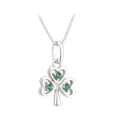 Hallmarked Sterling Silver Shamrock Necklace With Cubic Zirconia Stone