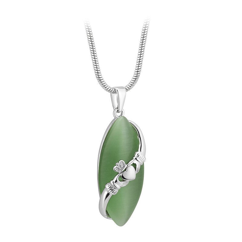 Rhodium Cat Eye With Claddagh Design Necklace