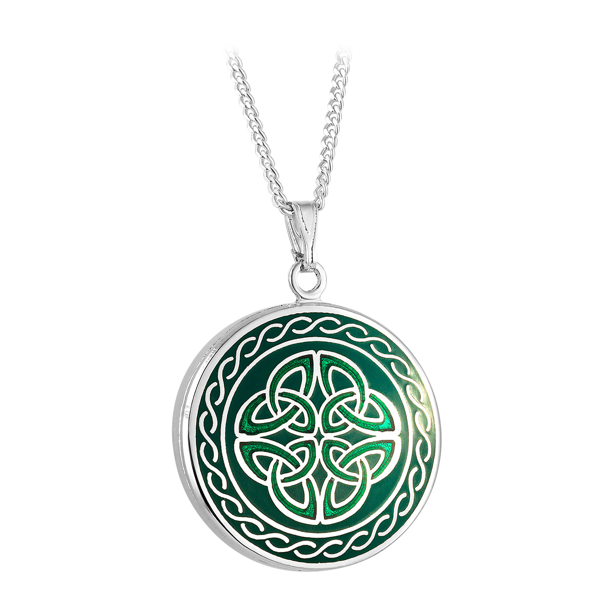 Rhodium Green Enamel Four Trinity Knots Necklace