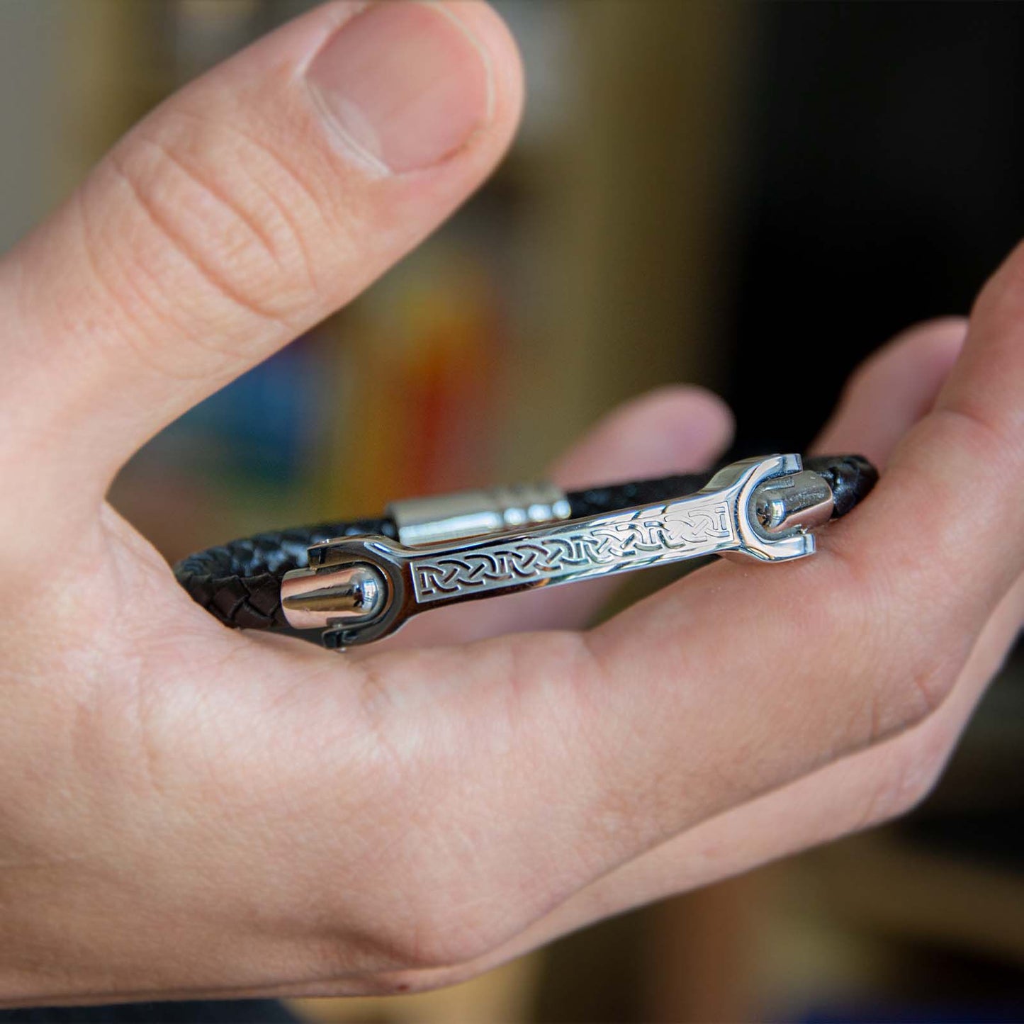 Mens Black Thin Leather Bracelet Wristband With Steel Celtic Knot Design