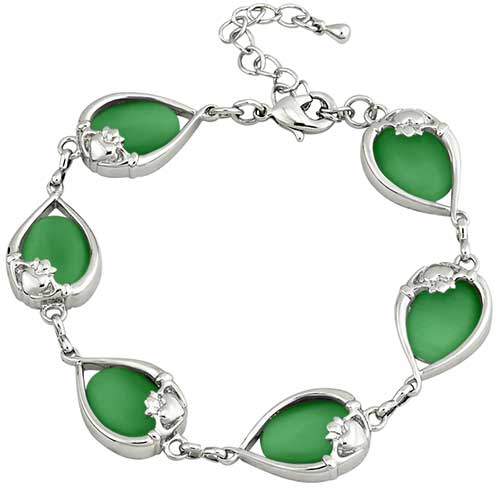 Rhodium Plated Cat Eye Claddagh Bracelet Green