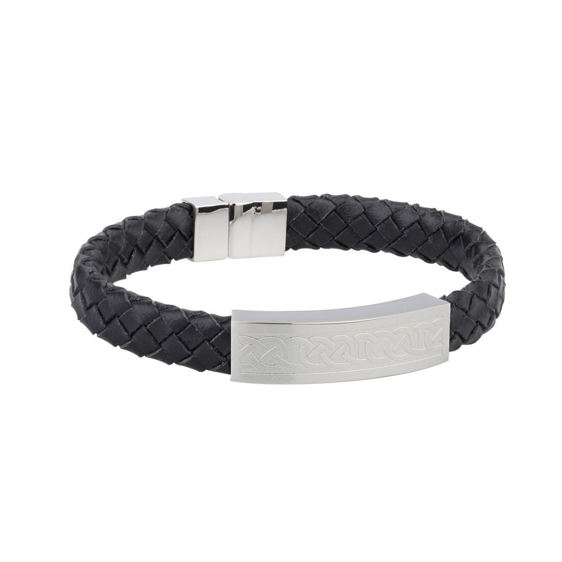Mens Black Leather Bracelet Wristband With Steel Celtic Knot Design