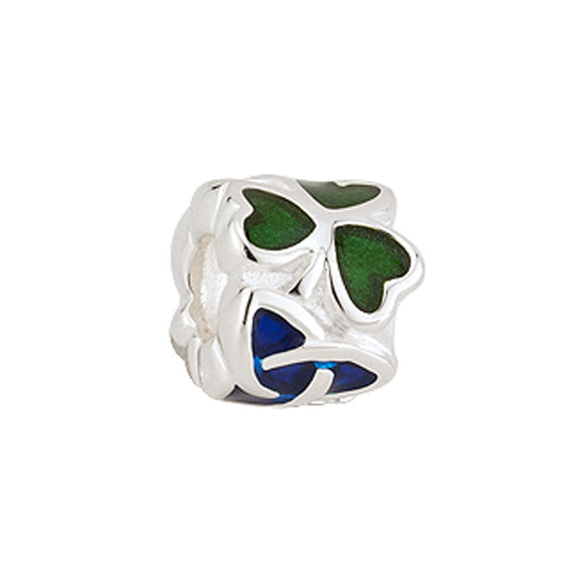 Bead Charm W/ Green Shamrocks & Blue Trinity Knot Hallmarked Sterling Silver
