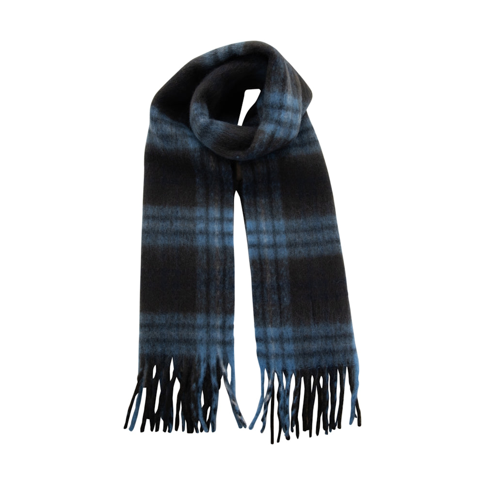 Blue and black plaid scarf with fringed ends folded neatly