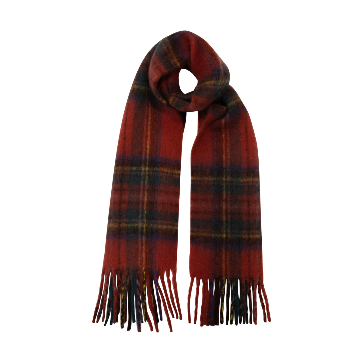 Red plaid scarf with fringed ends folded in a loop