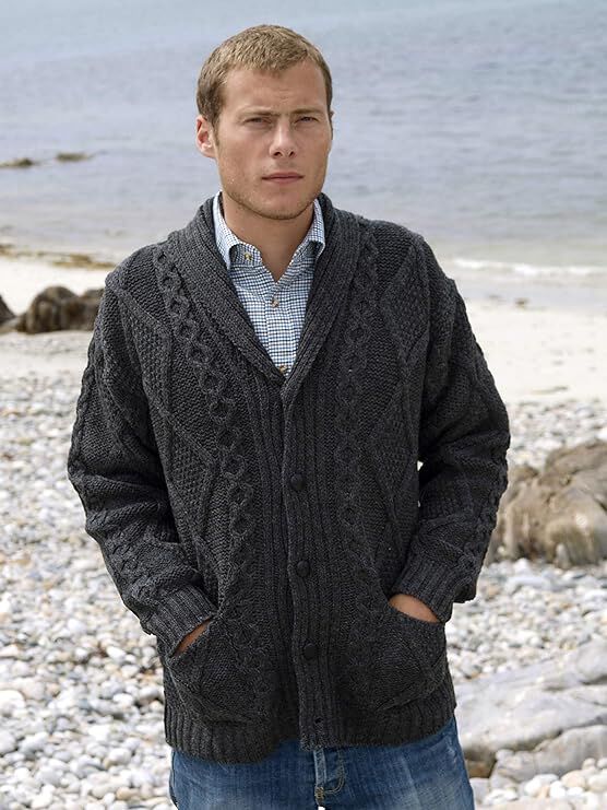 Men's Shawl Collar Grandfather Charcoal Cardigan