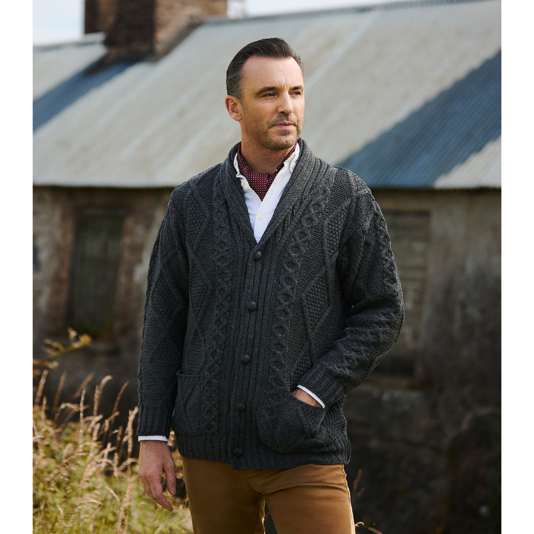 Men's Shawl Collar Grandfather Charcoal Cardigan