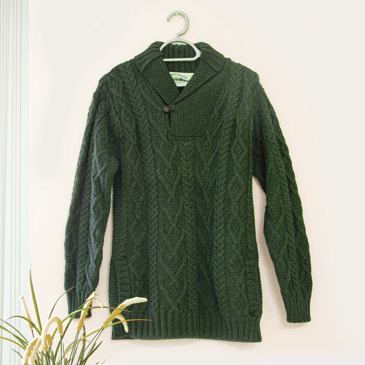 Men's Shawl Collar Aran Green Jumper