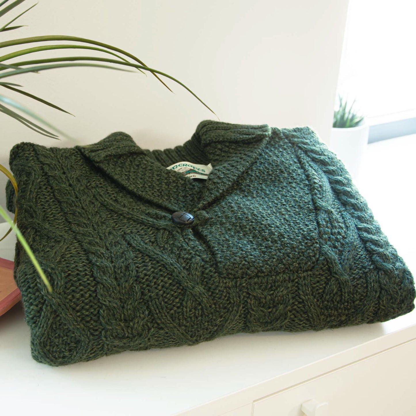 Men's Shawl Collar Aran Green Jumper