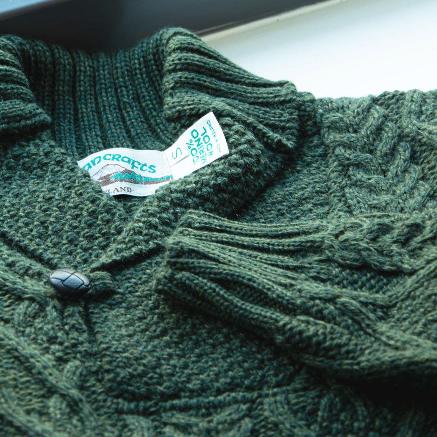 Men's Shawl Collar Aran Green Jumper