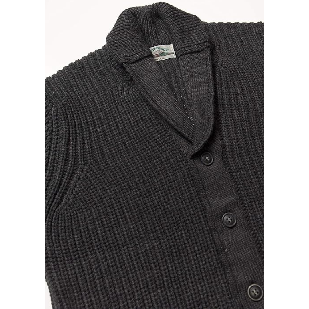Mens Aran Knit Ribbed Charcoal Cardigan