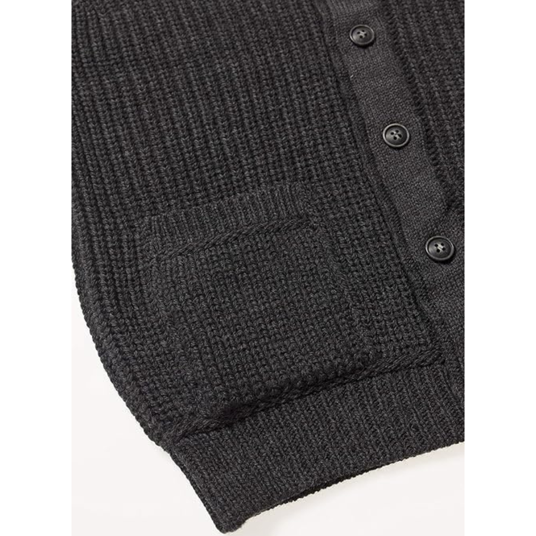 Mens Aran Knit Ribbed Charcoal Cardigan