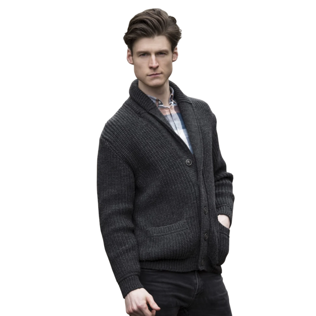 Mens Aran Knit Ribbed Charcoal Cardigan