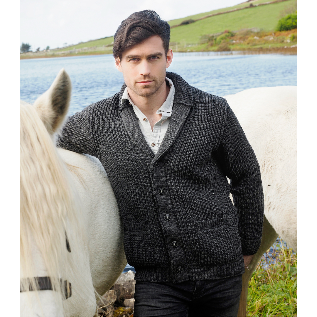 Mens Aran Knit Ribbed Charcoal Cardigan