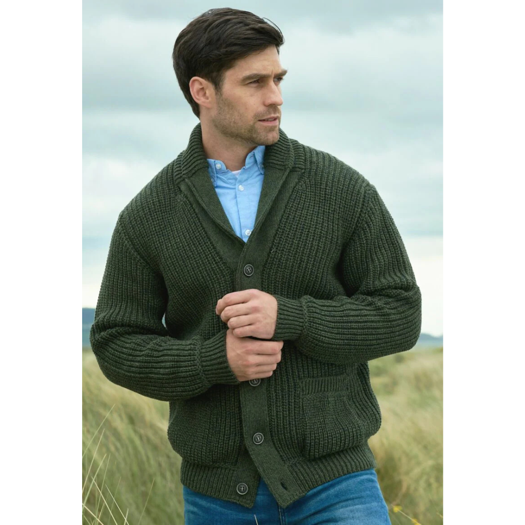 Men's Aran Knit Ribbed Green Cardigan