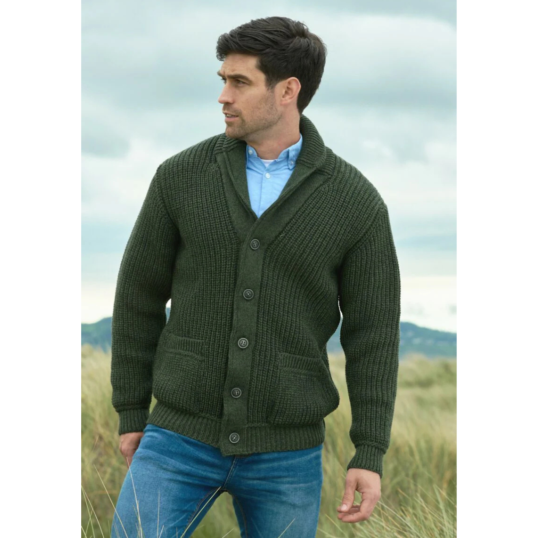 Men's Aran Knit Ribbed Green Cardigan