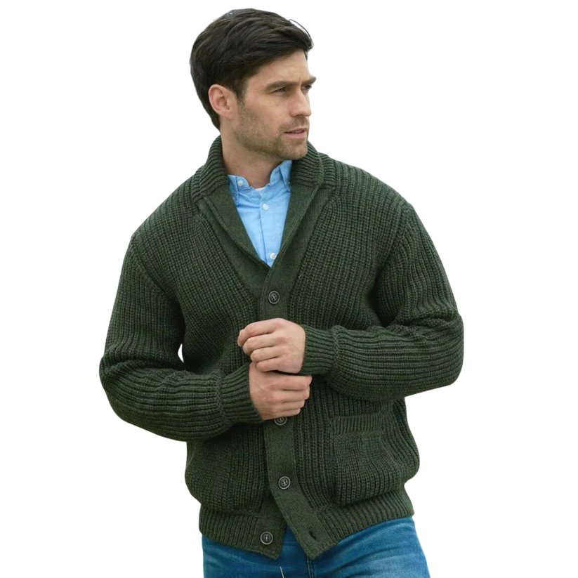 Men's Aran Knit Ribbed Green Cardigan