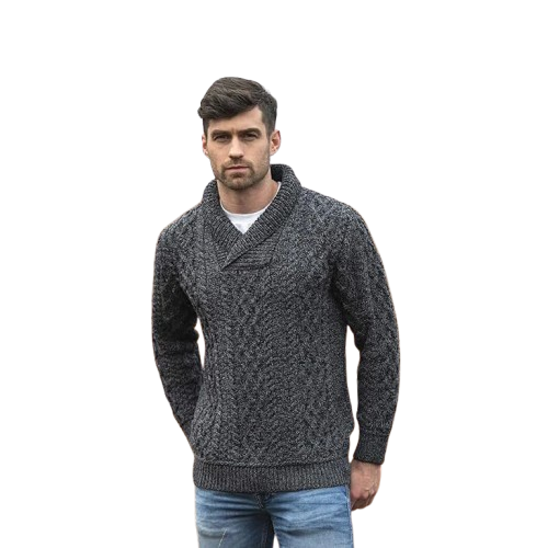 Men's Shawl Collar Aran Charcoal Jumper