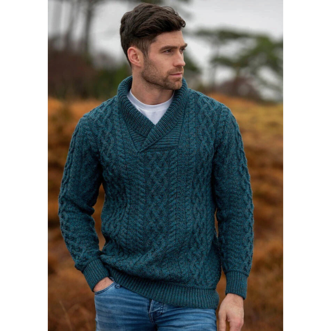 Mens Bunratty Shawl Collar Aran Sweater Peacock