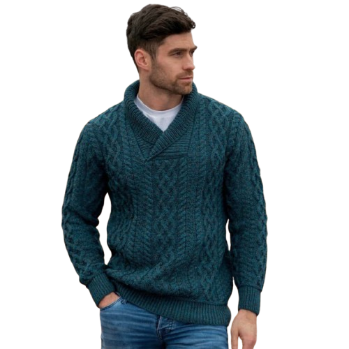 Men's Bunratty Shawl Collar Aran Sweater Peacock