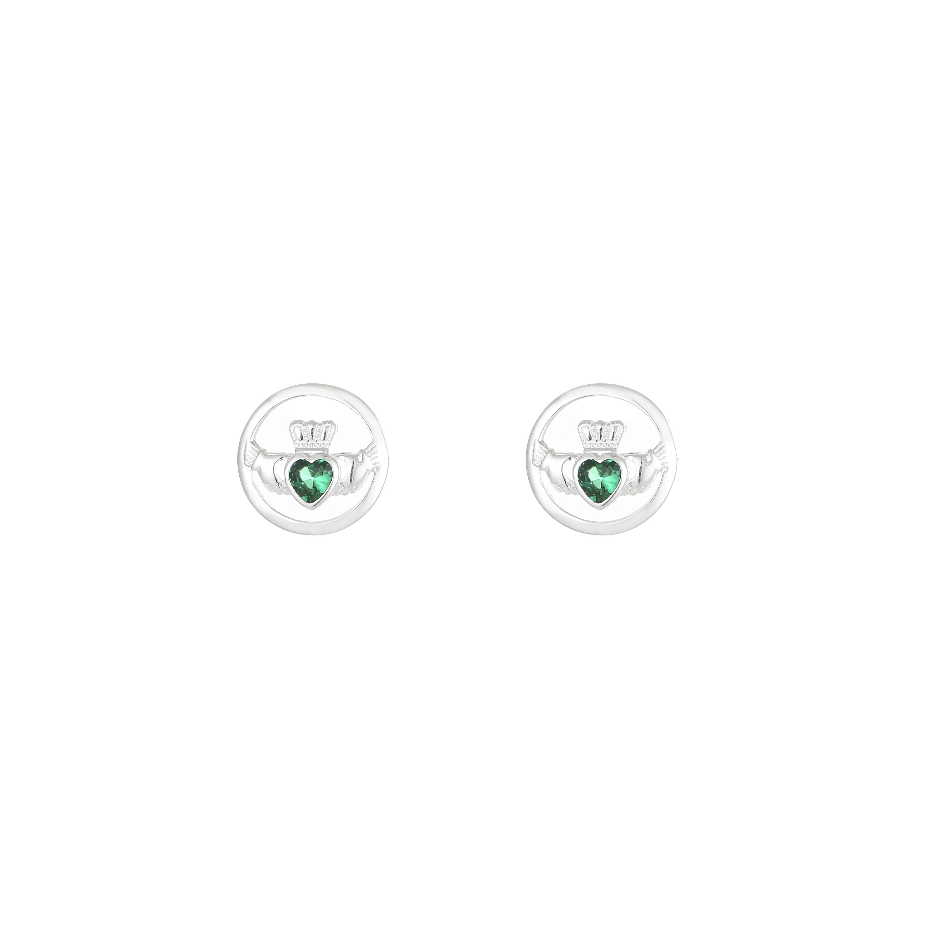 Grá Collection Round Claddagh With Stone Earrings Sterling Silver