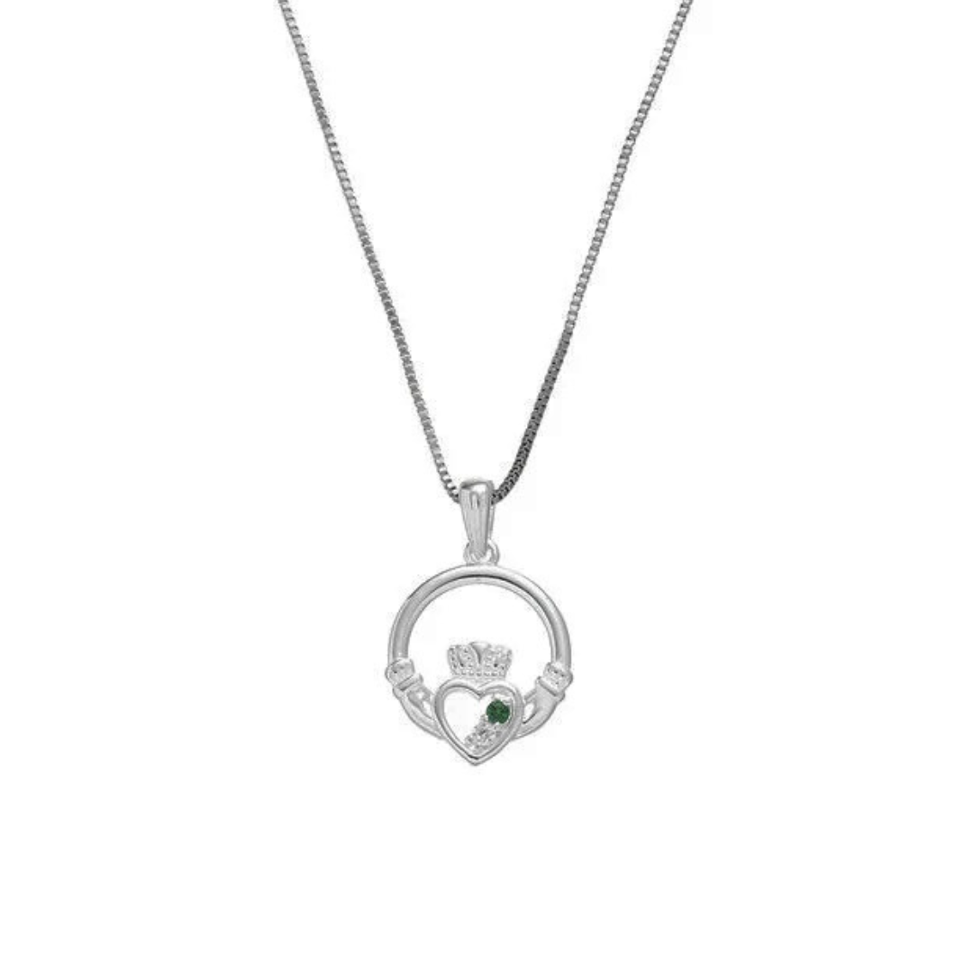 Silver necklace with circular pendant featuring heart and crown design
