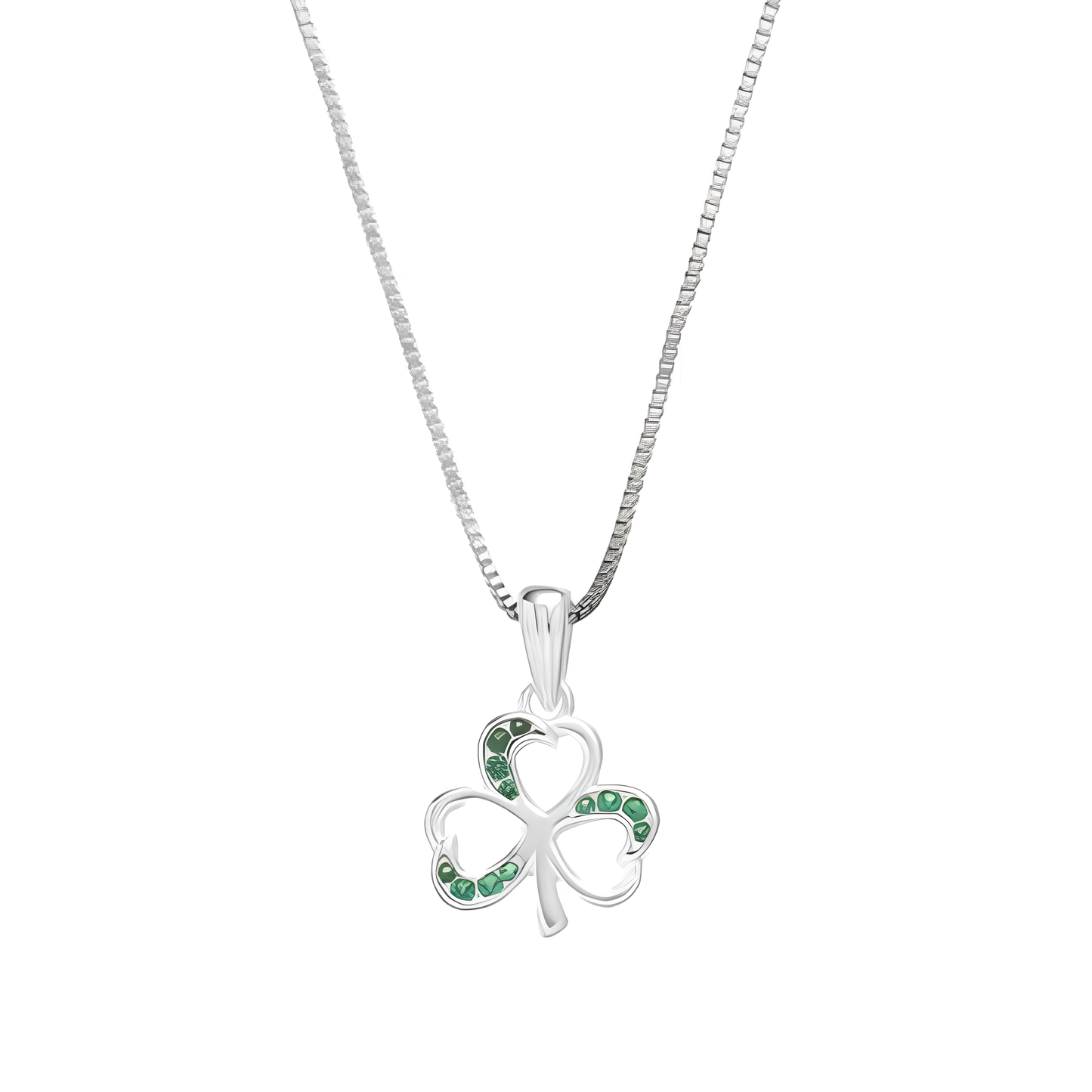 Silver necklace with a shamrock pendant featuring green gemstone accents