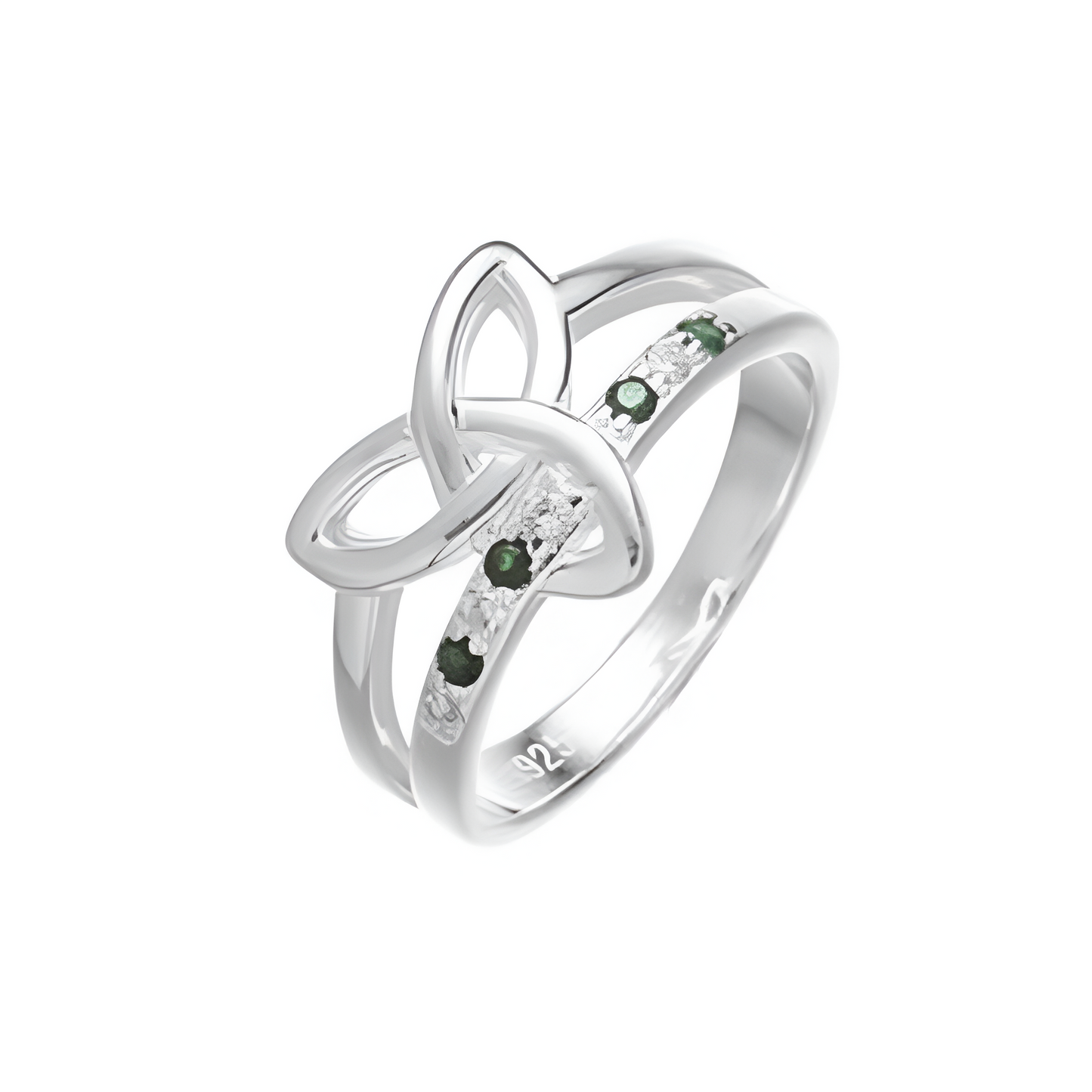 Sterling Silver Trinity Knot Band Ring With Green Stones