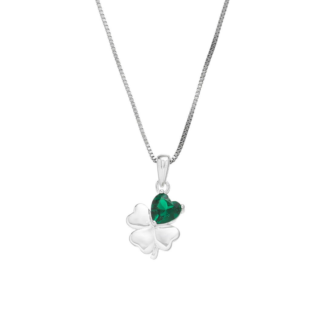 Sterling Silver One Green Stone Clover Pendant