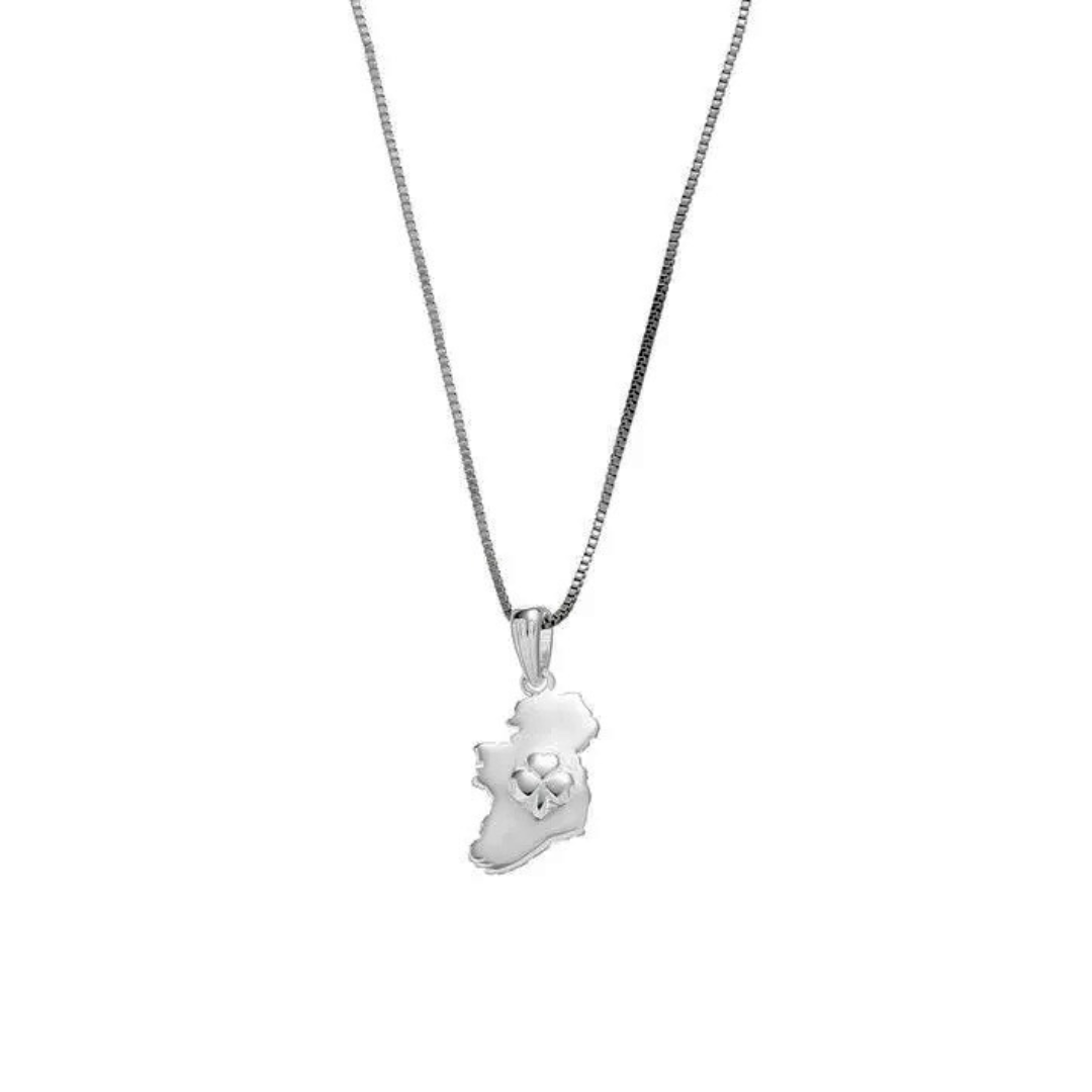 Silver pendant shaped like Ireland with a four-leaf clover on a chain