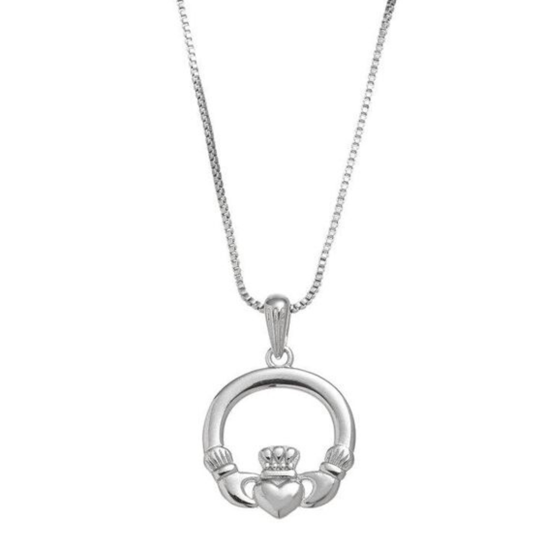 Silver Claddagh pendant with heart, crown, and hands on chain