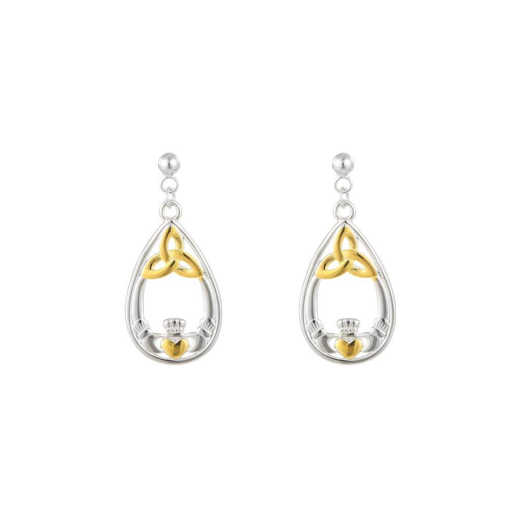 Silver Sterling & Spot Gold Trinity & Claddagh Drop Earrings
