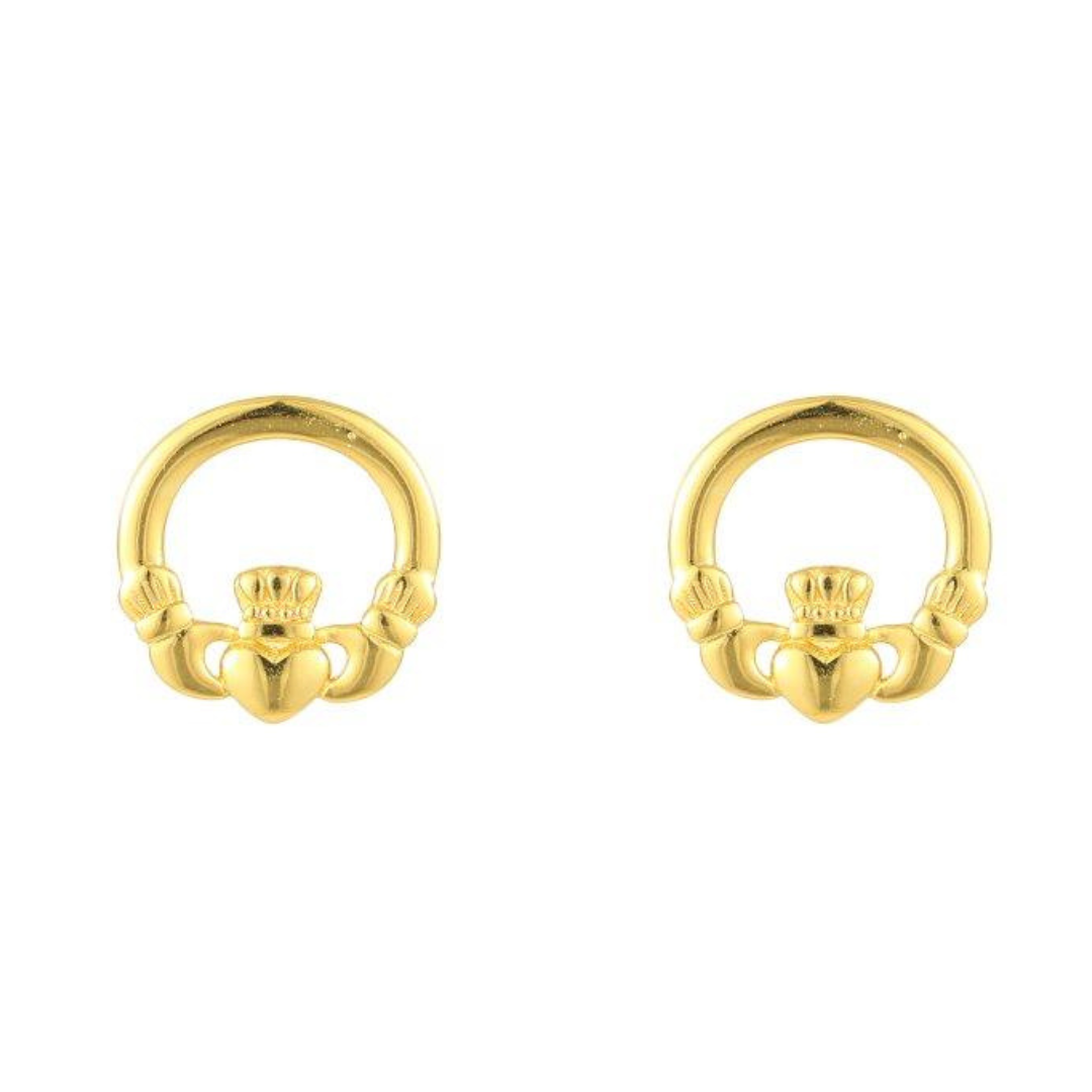 Pair of gold Claddagh rings with heart, hands, and crown design