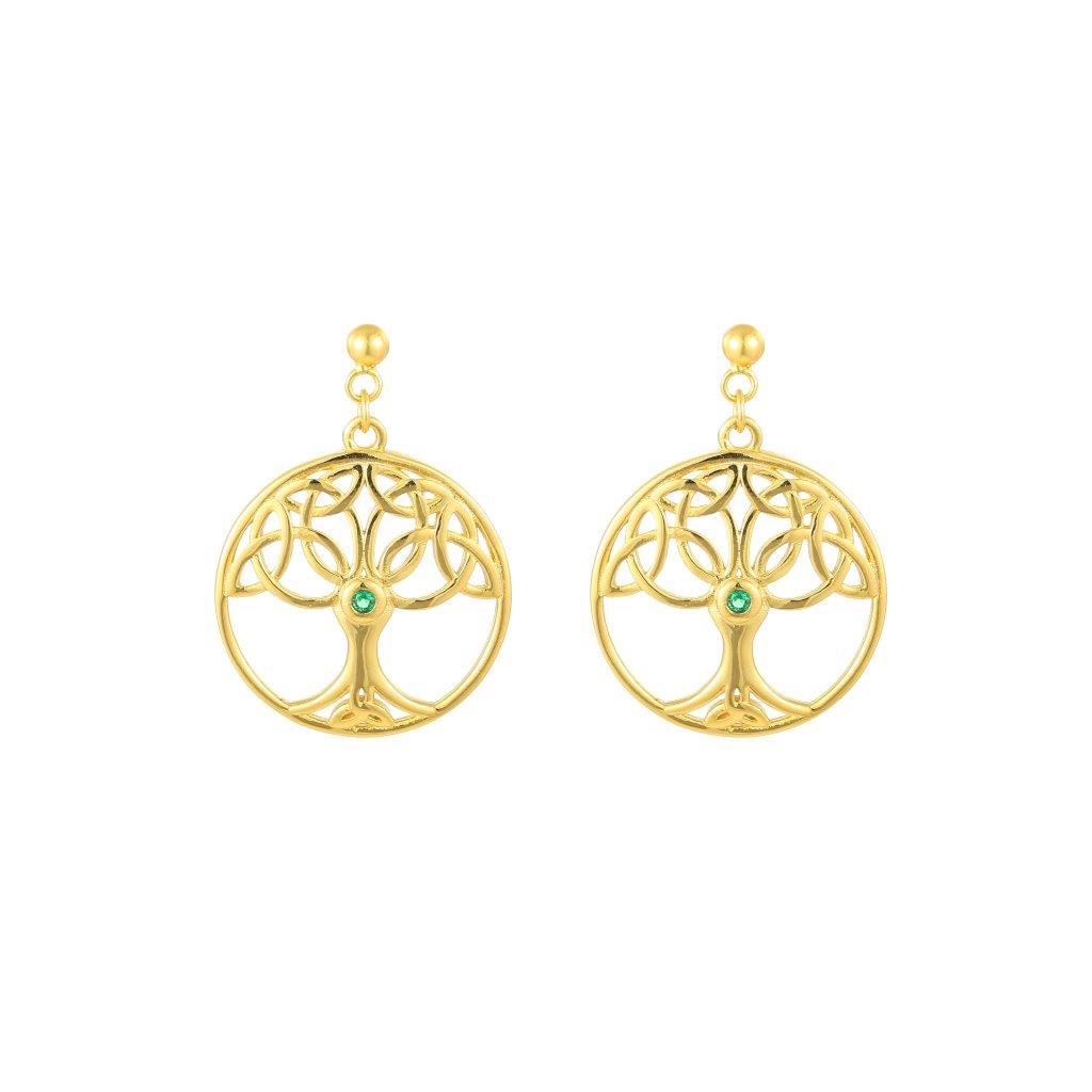 Pair of gold earrings with tree of life design and green gemstone center
