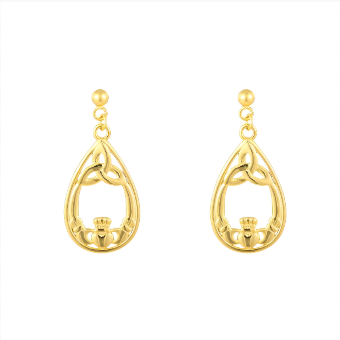 Pair of gold drop earrings with Celtic knot and heart design