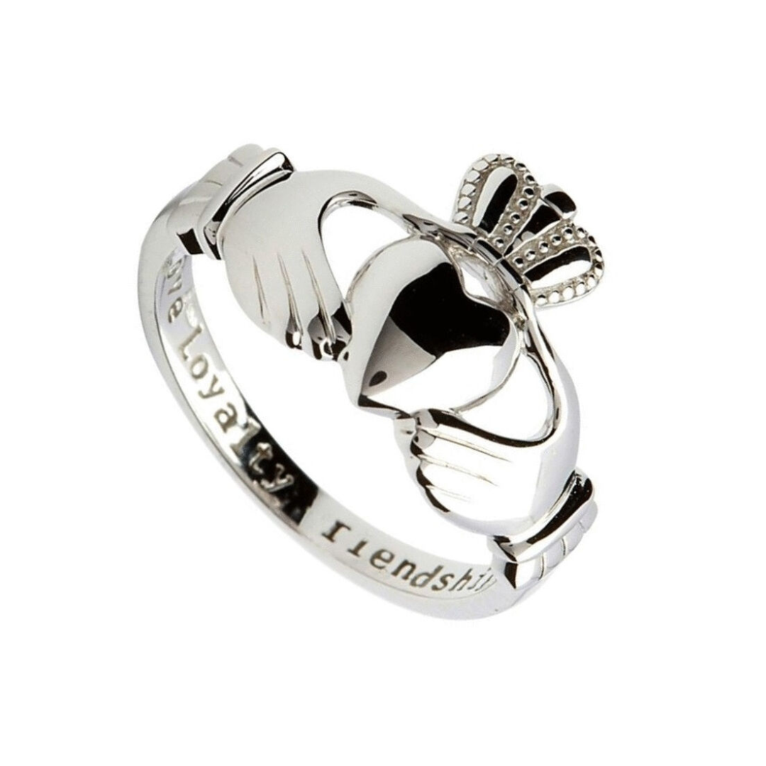 Platinum Plated Claddagh Ring With Love Loyalty & Friendship Engraved Text