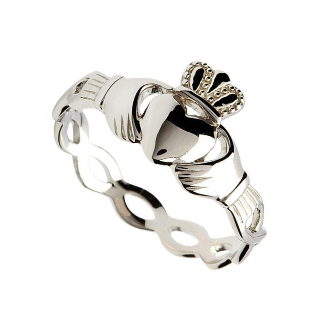 Platinum Plated Claddagh Ring With Intertwining Design
