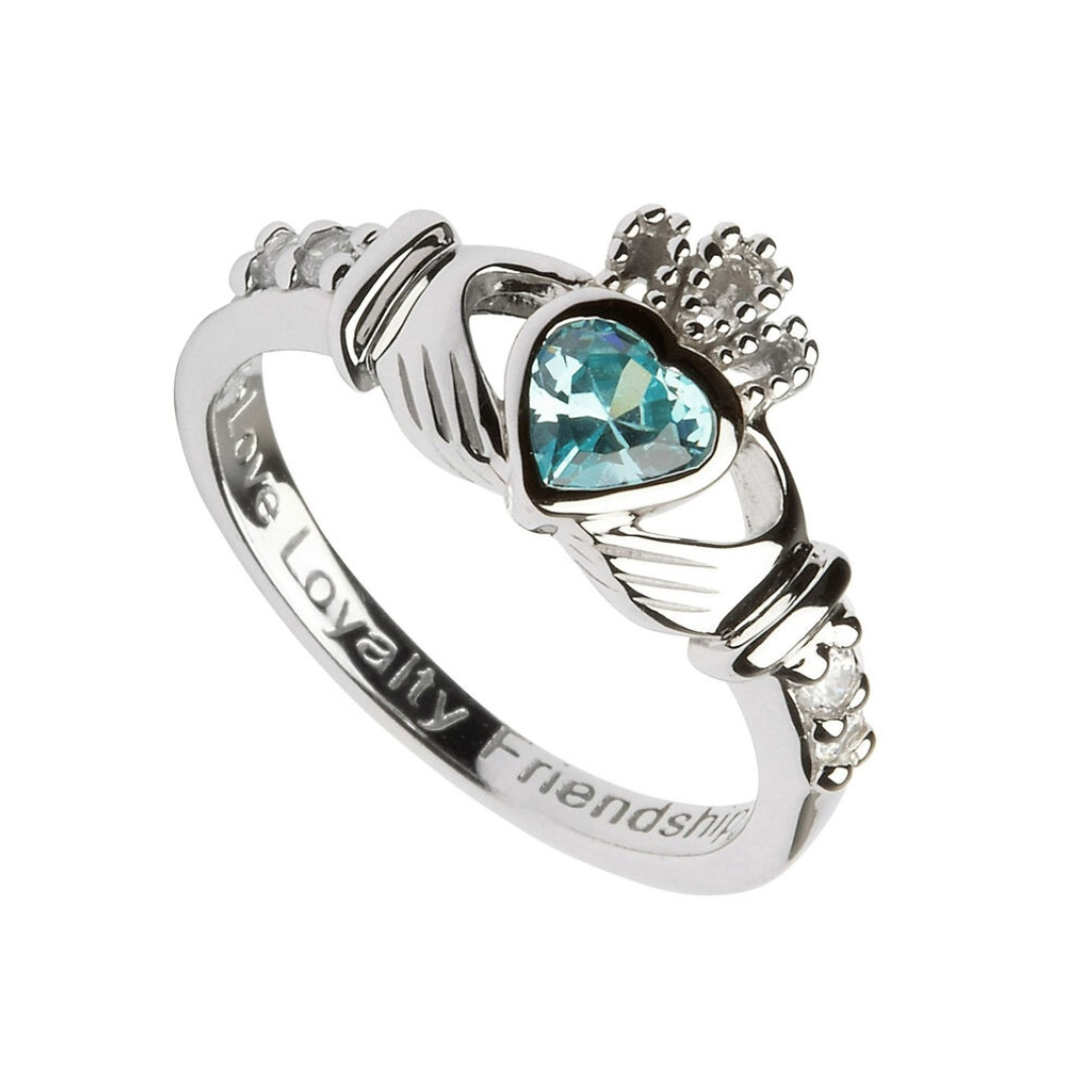 Platinum Plated Claddagh Birthstone Ring March