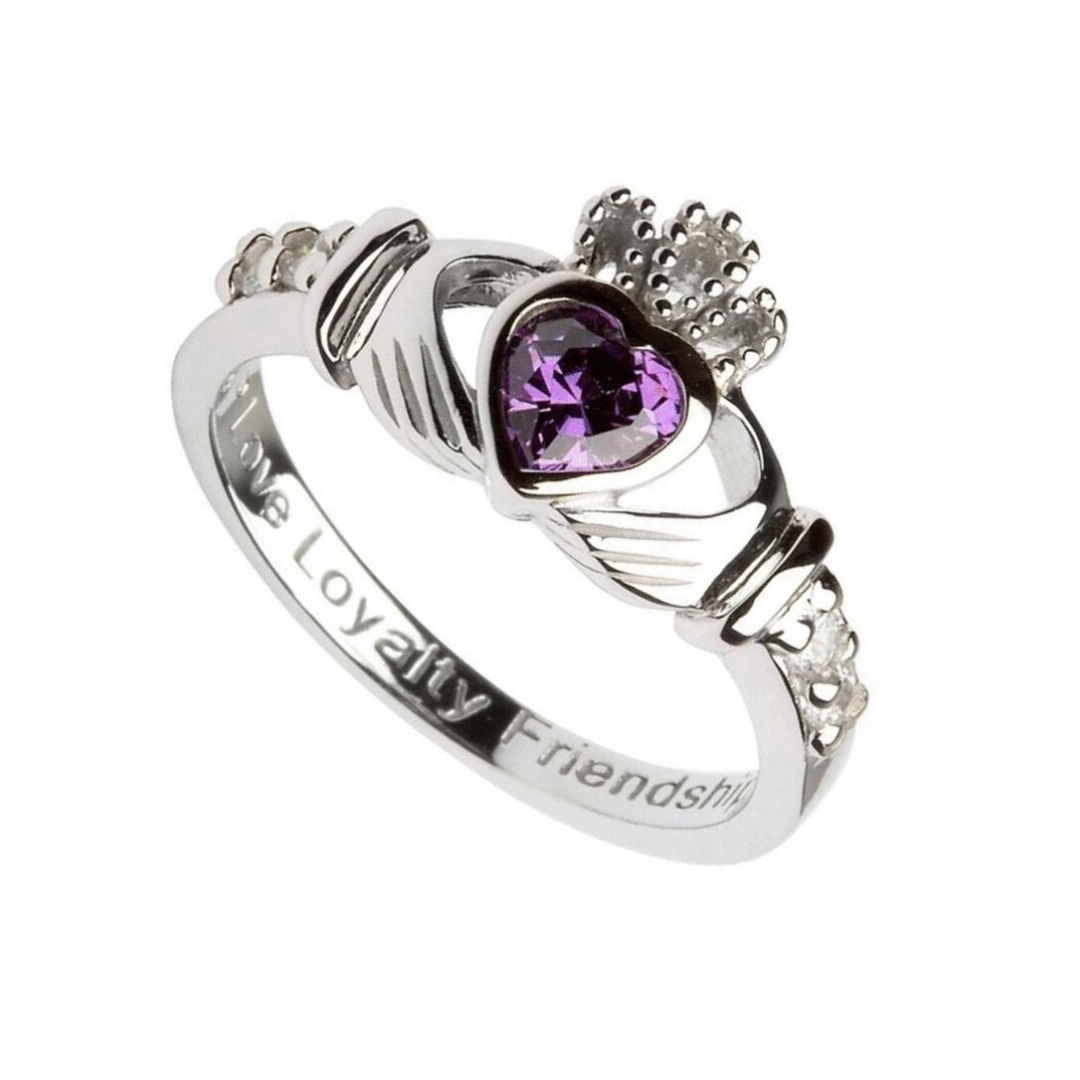 Platinum Plated Claddagh February Birthstone Ring