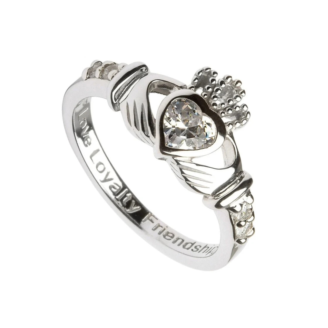 Platinum Plated Claddagh Birthstone Ring April