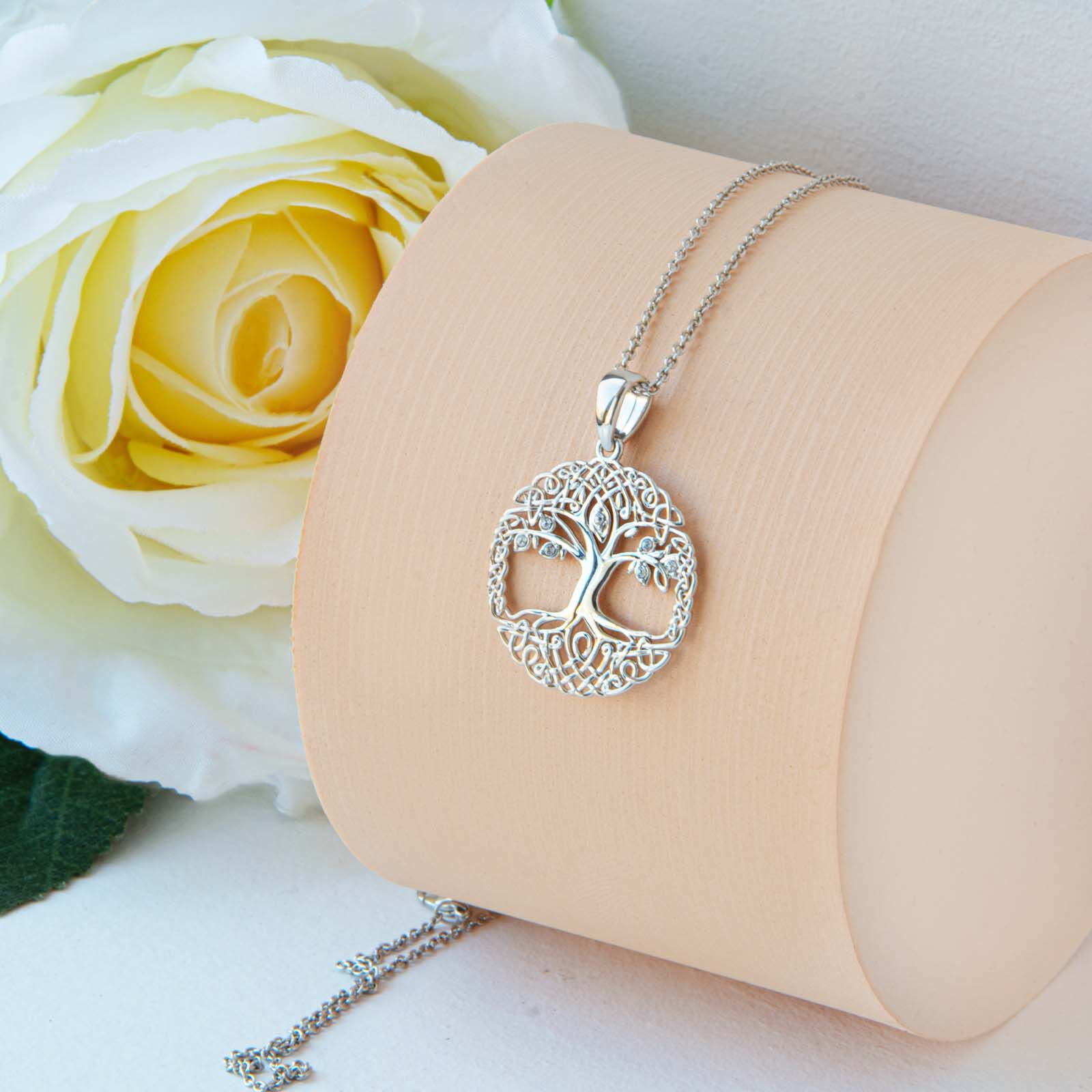 Platinum Plated Tree Of Life Necklace With Clear Crystal