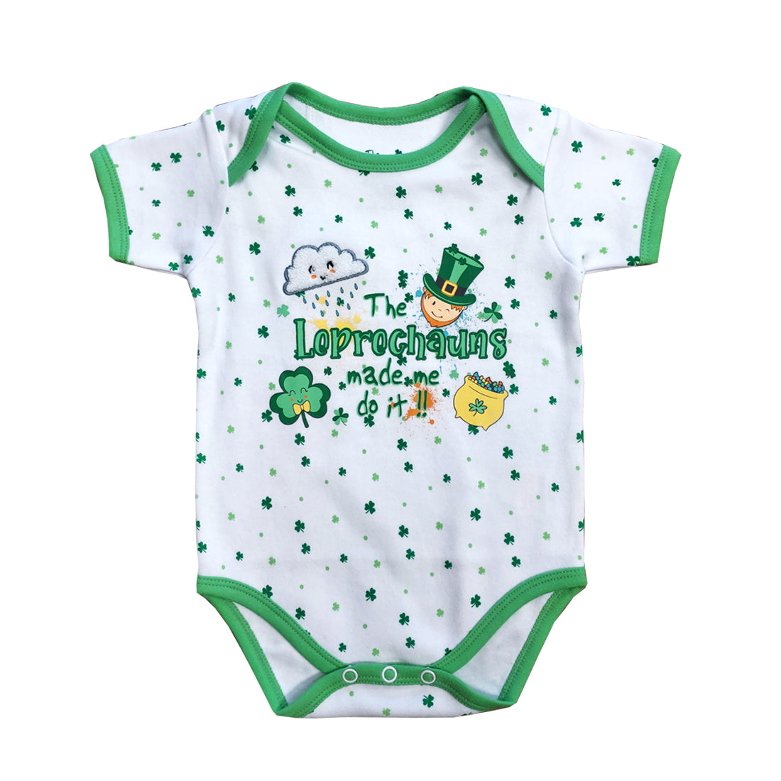 Leprechauns All Over Shamrock White Baby Vest